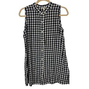 Eileen Fisher S Sleeveless Black & White Gingham Button-Down Tunic Top Organic L